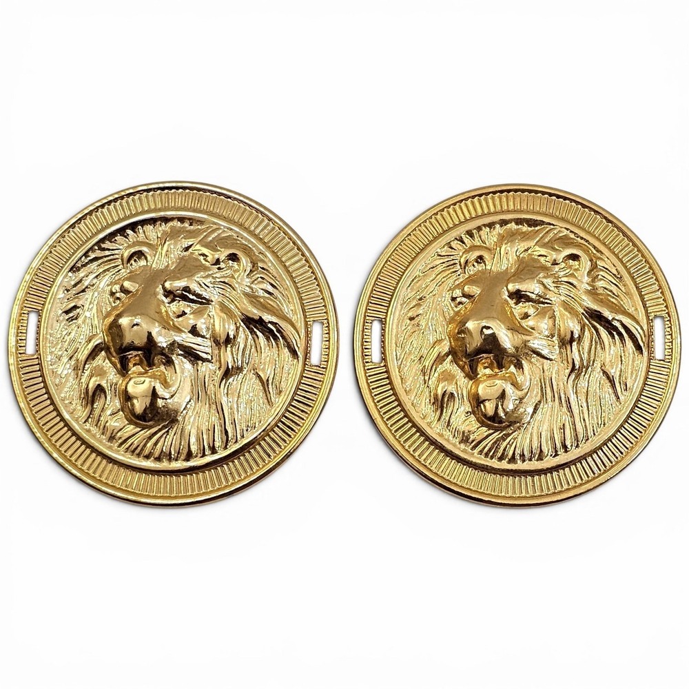Vintage Gold Tone Roaring Lion Head Stud Earrings Large Statement Runway Animal